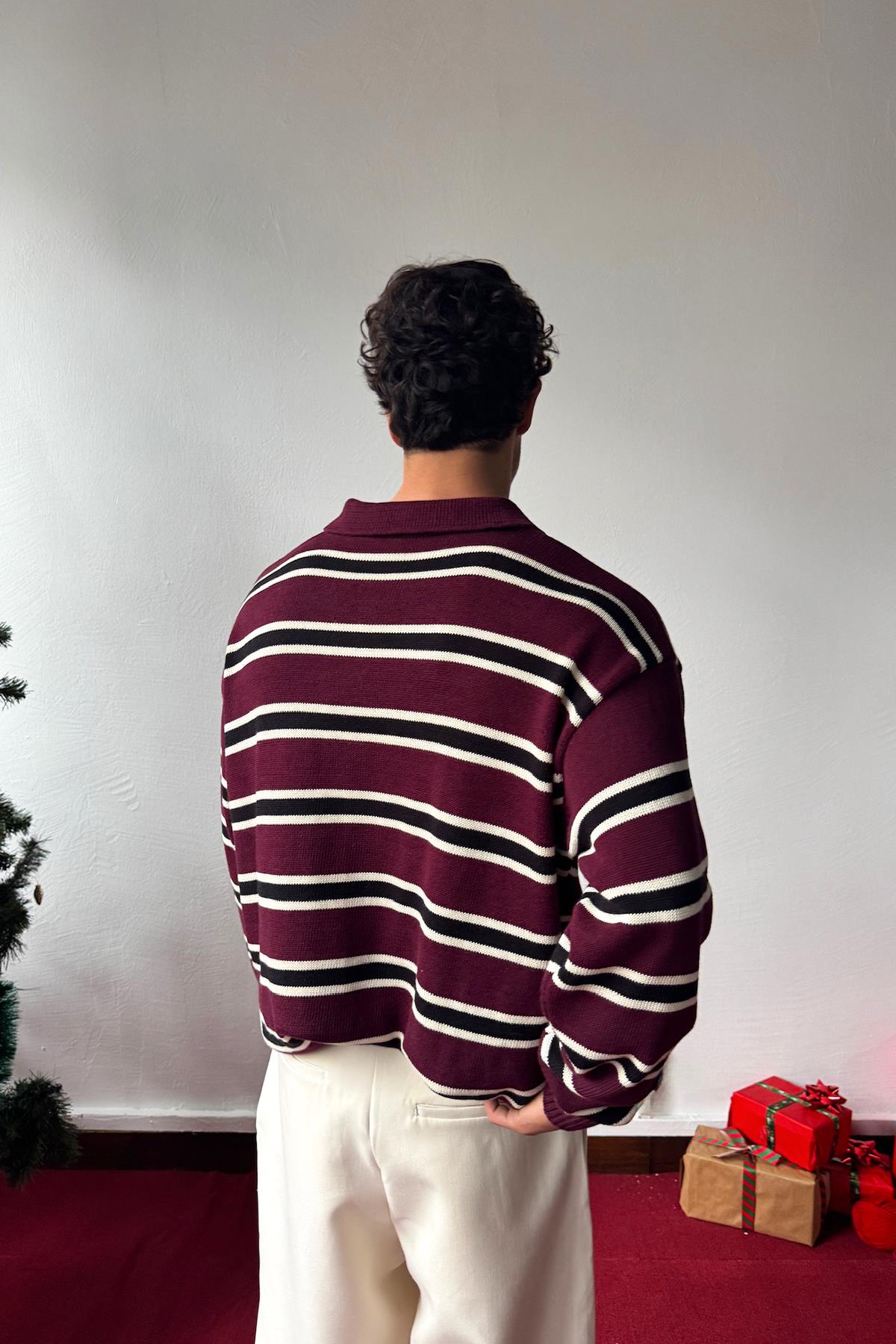Polo Yaka Çizgili Kazak Bordo