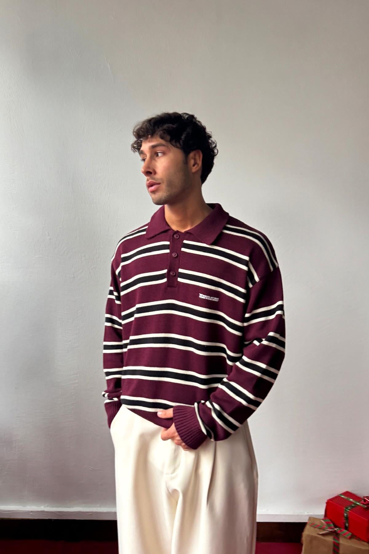 Polo Yaka Çizgili Kazak Bordo