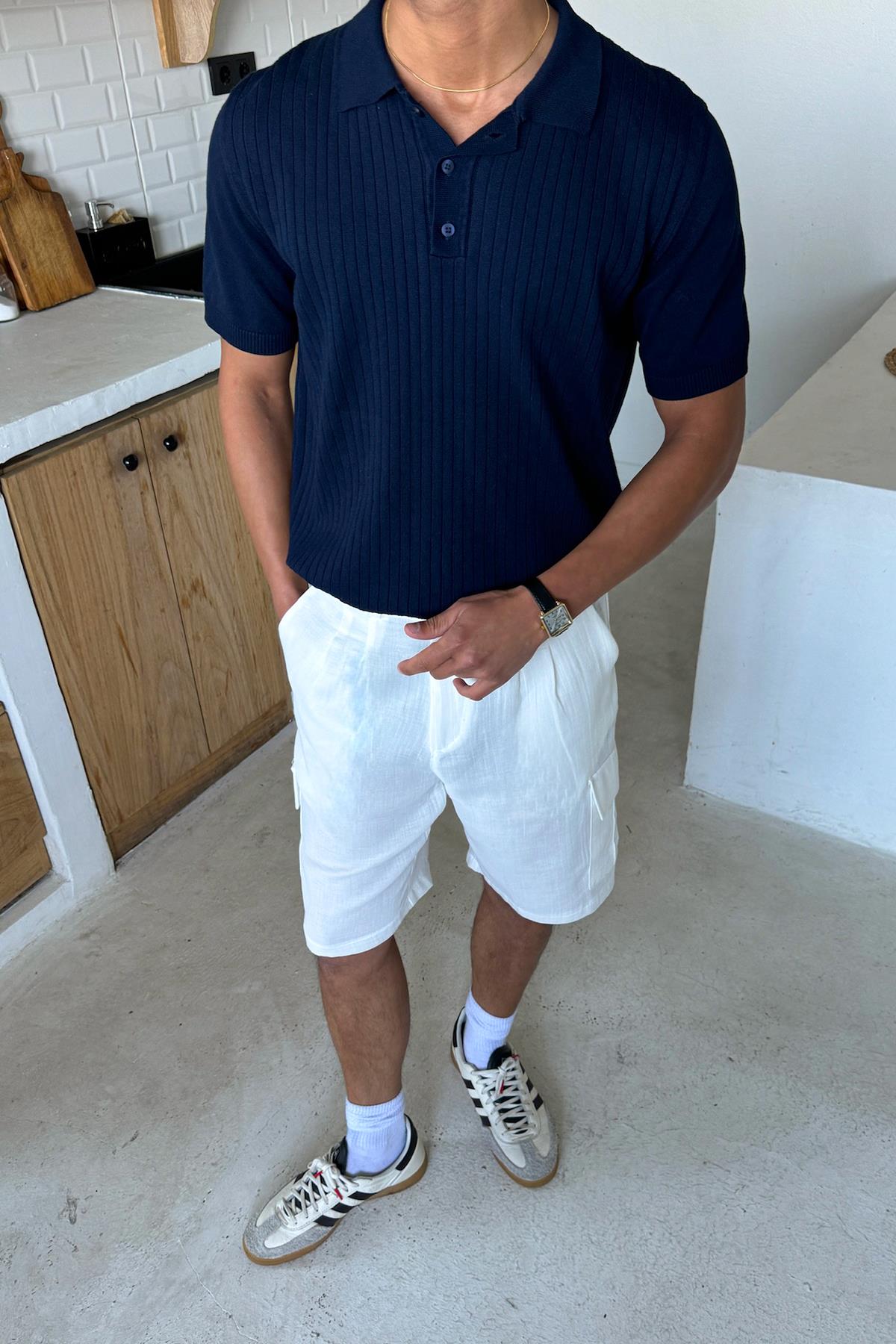 Polo Yaka Çizgi Desenli Lacivert Triko Regular Tişört