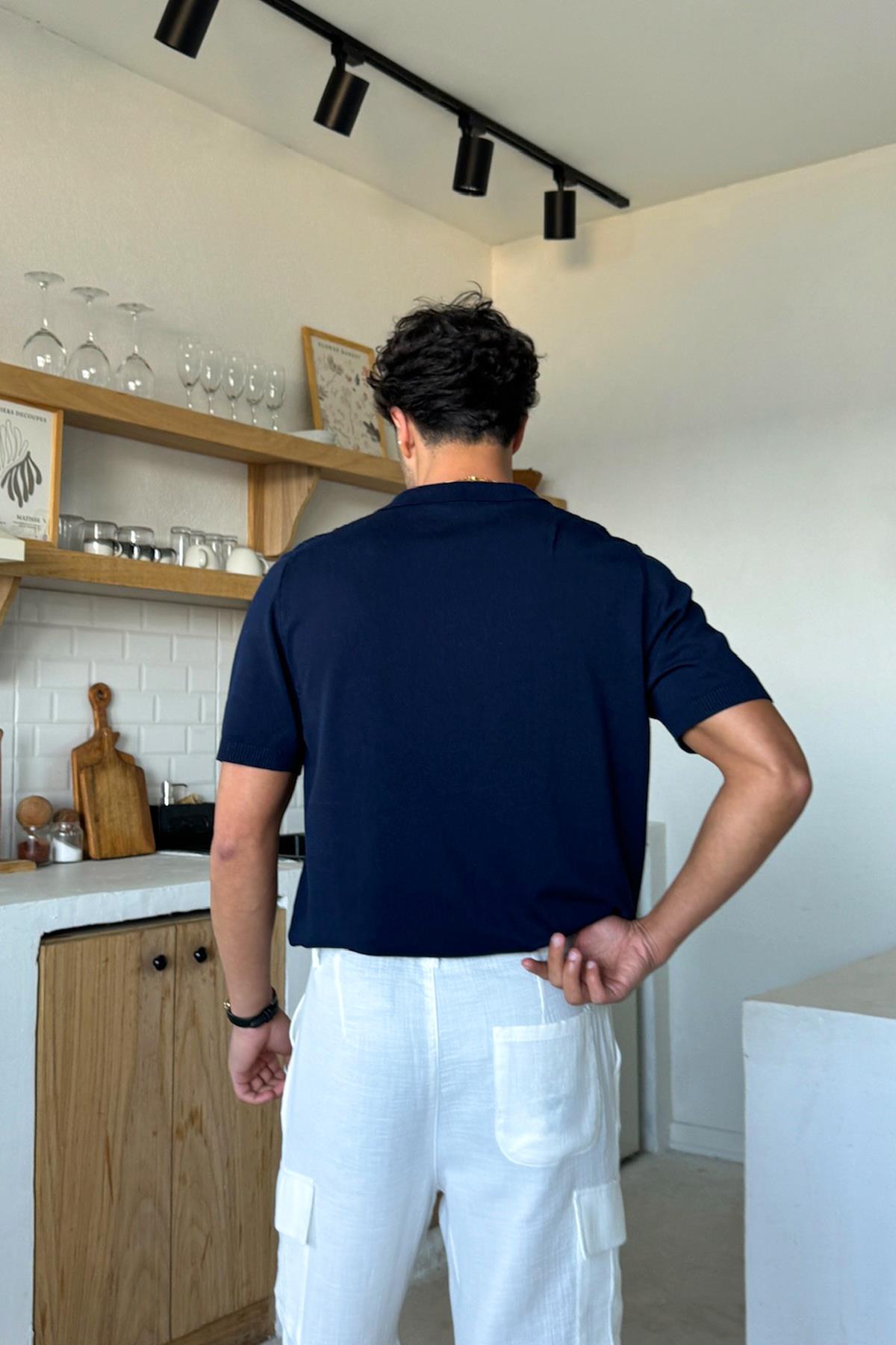 Polo Yaka Çizgi Desenli Lacivert Triko Regular Tişört