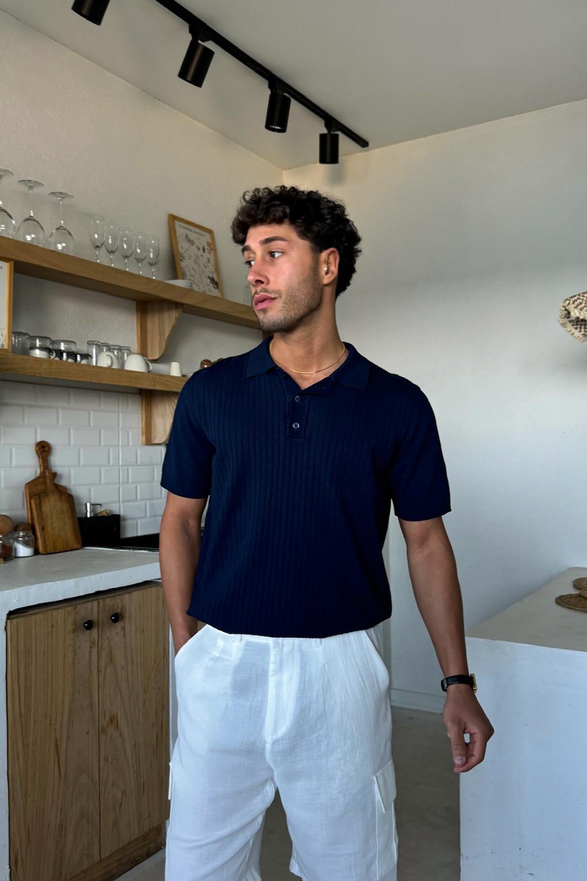 Polo Yaka Çizgi Desenli Lacivert Triko Regular Tişört