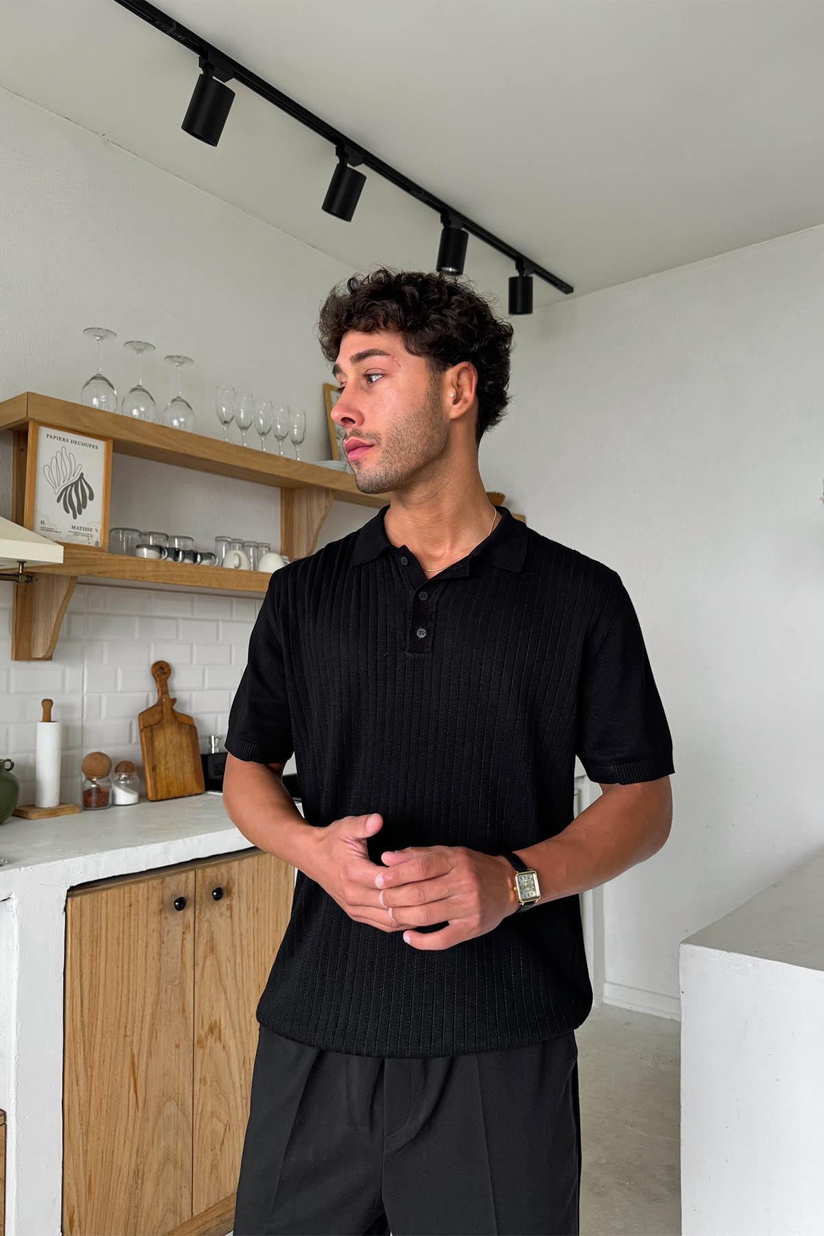Polo Yaka Çizgili Triko Regular Tişört Siyah