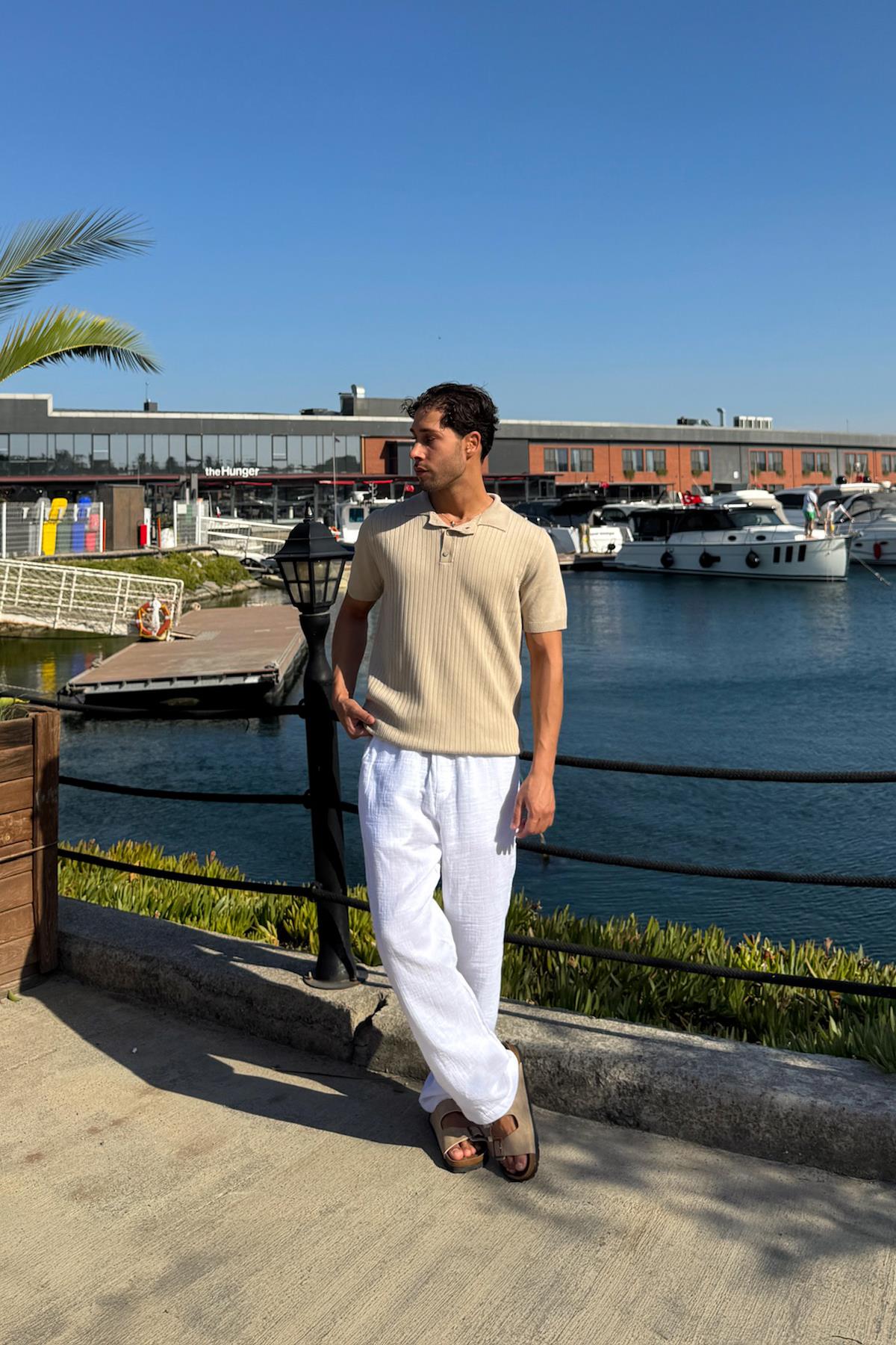 Polo Yaka Çizgili Triko Tişört Bej