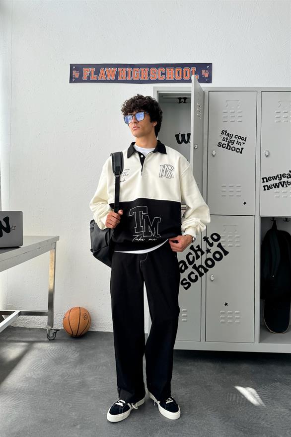 Polo Yaka Double Color Ekru Oversize Sweatshirt