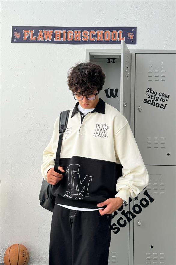 Polo Yaka Double Color Ekru Oversize Sweatshirt