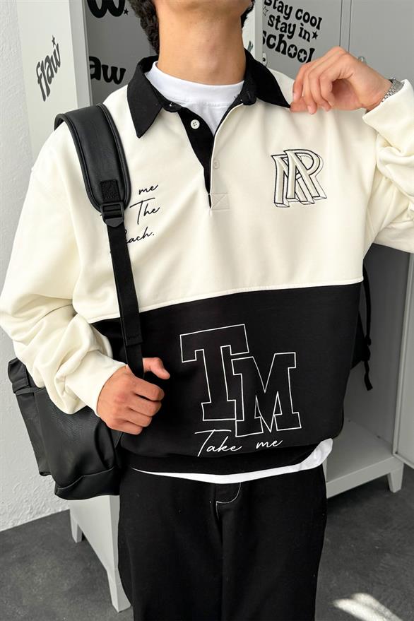 Polo Yaka Double Color Ekru Oversize Sweatshirt