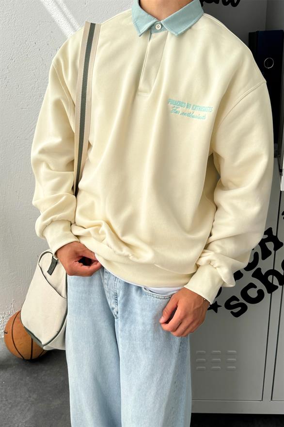 Polo Yaka Nakışlı Ekru Oversize Sweatshirt