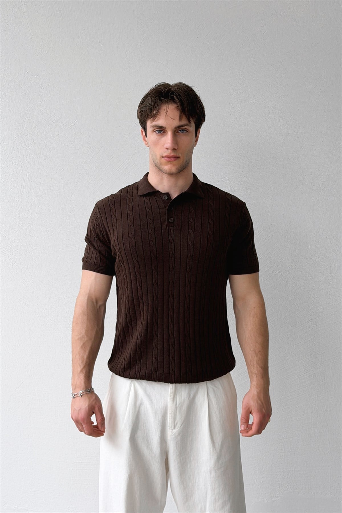 Polo Yaka Saç Örgülü Triko Tişört