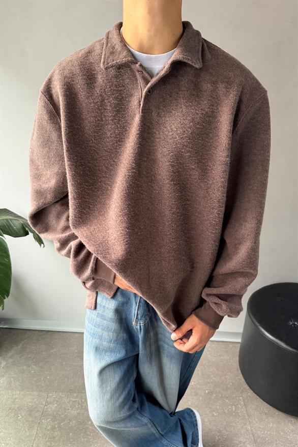 Polo Yaka Şardonlu Kumaş Kahverengi Sweatshirt