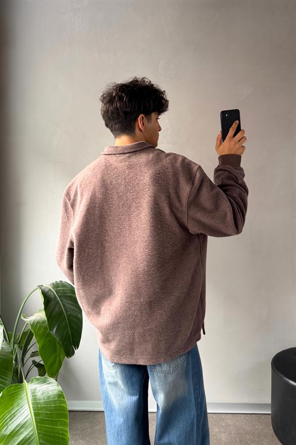 Polo Yaka Şardonlu Kumaş Kahverengi Sweatshirt