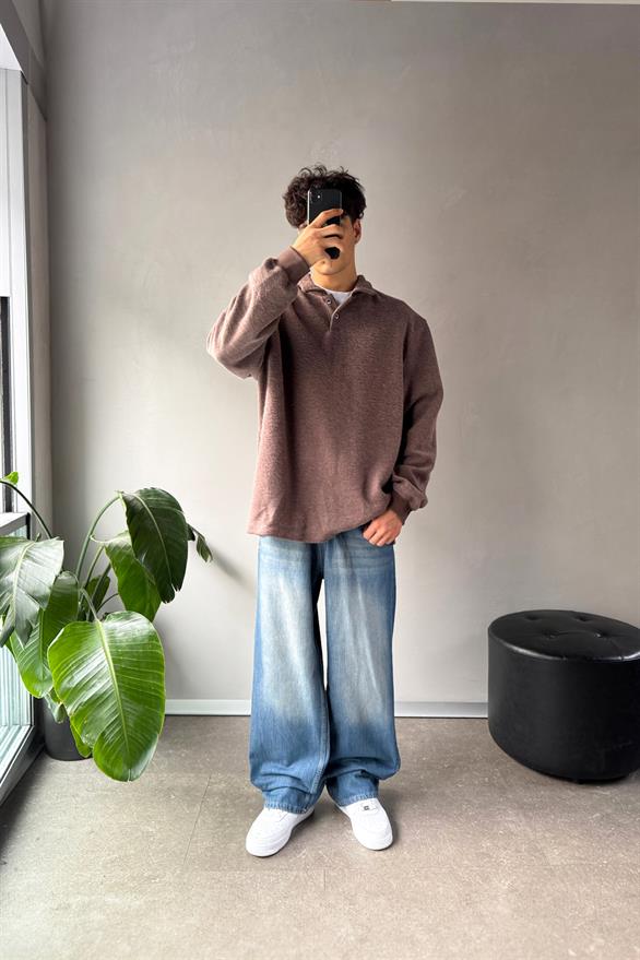Polo Yaka Şardonlu Kumaş Kahverengi Sweatshirt