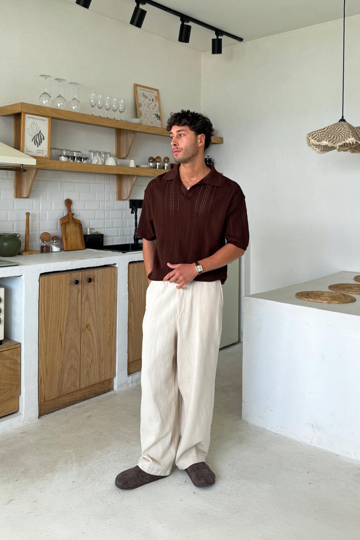 Polo Yaka Triko Tişört Kahverengi