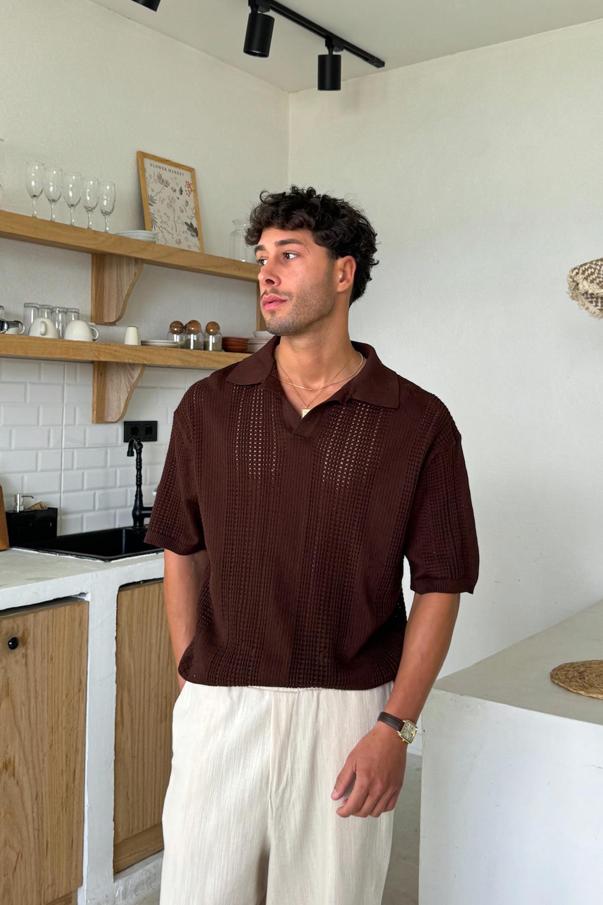 Polo Yaka Triko Tişört Kahverengi