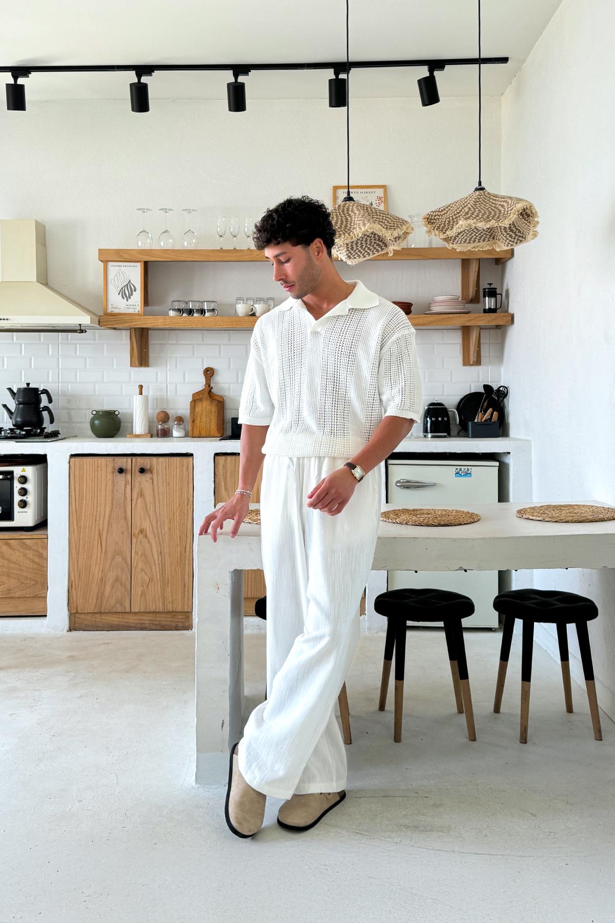 Polo Yaka Triko Tişört Ekru