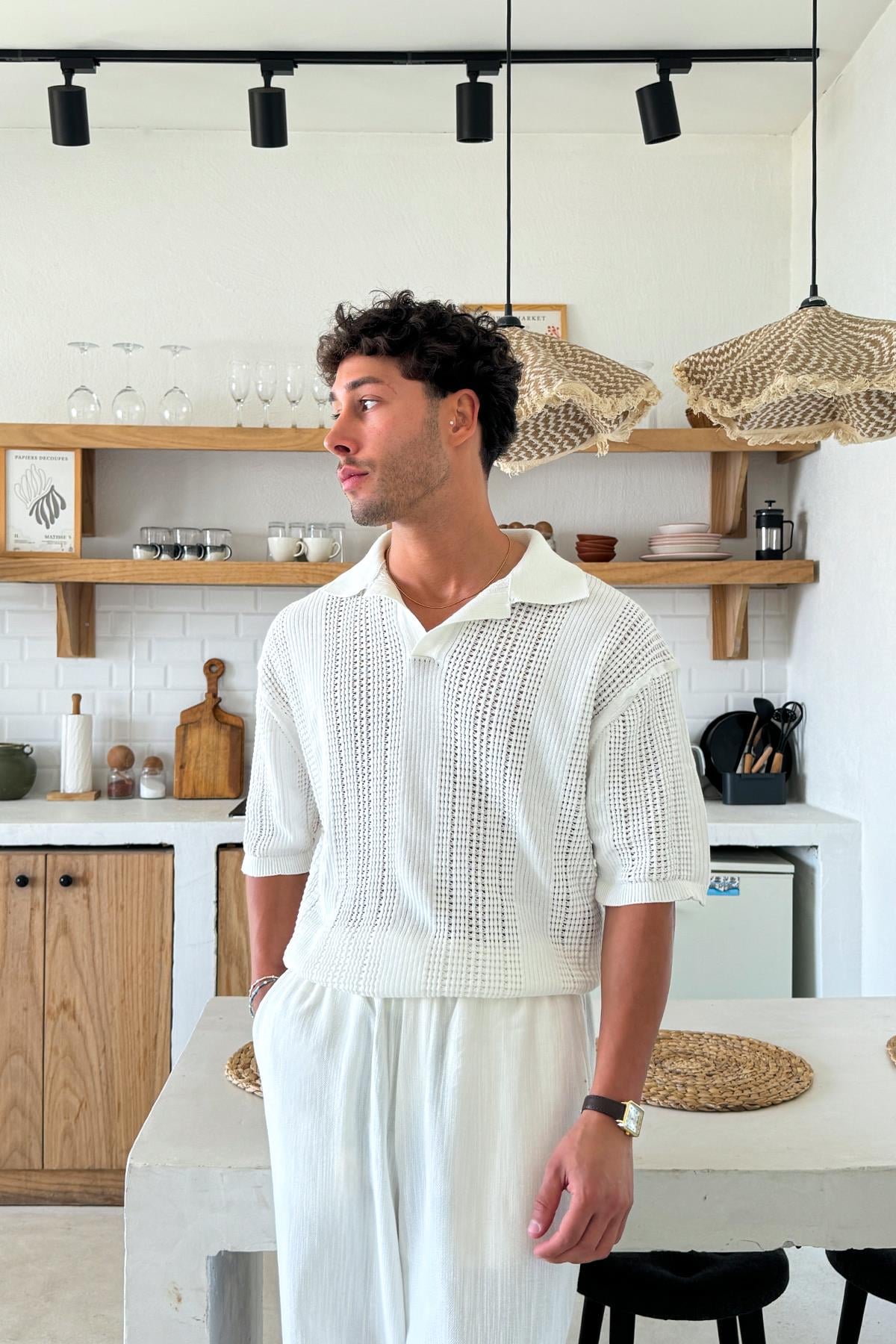 Polo Yaka Triko Tişört Ekru