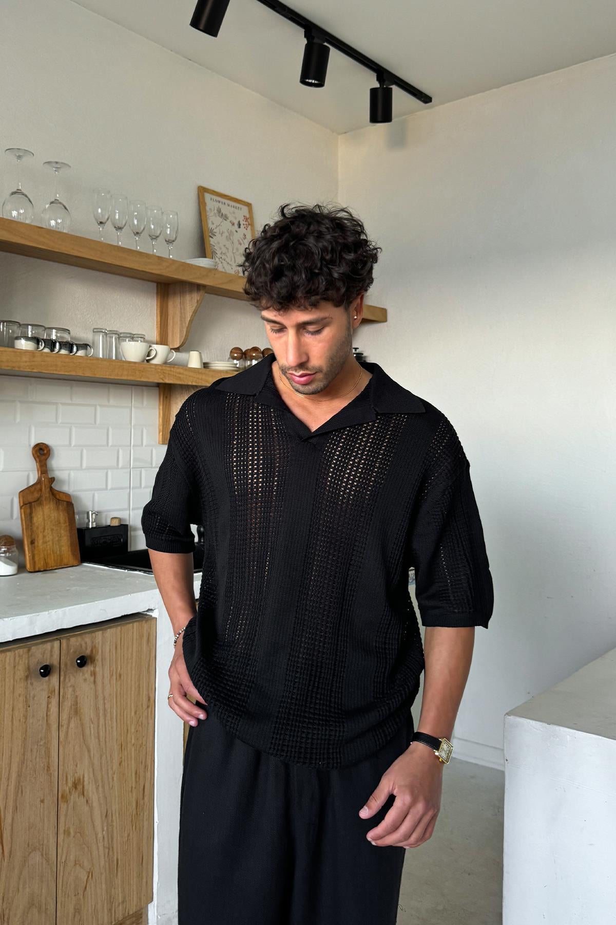 Polo Yaka Triko Tişört Siyah