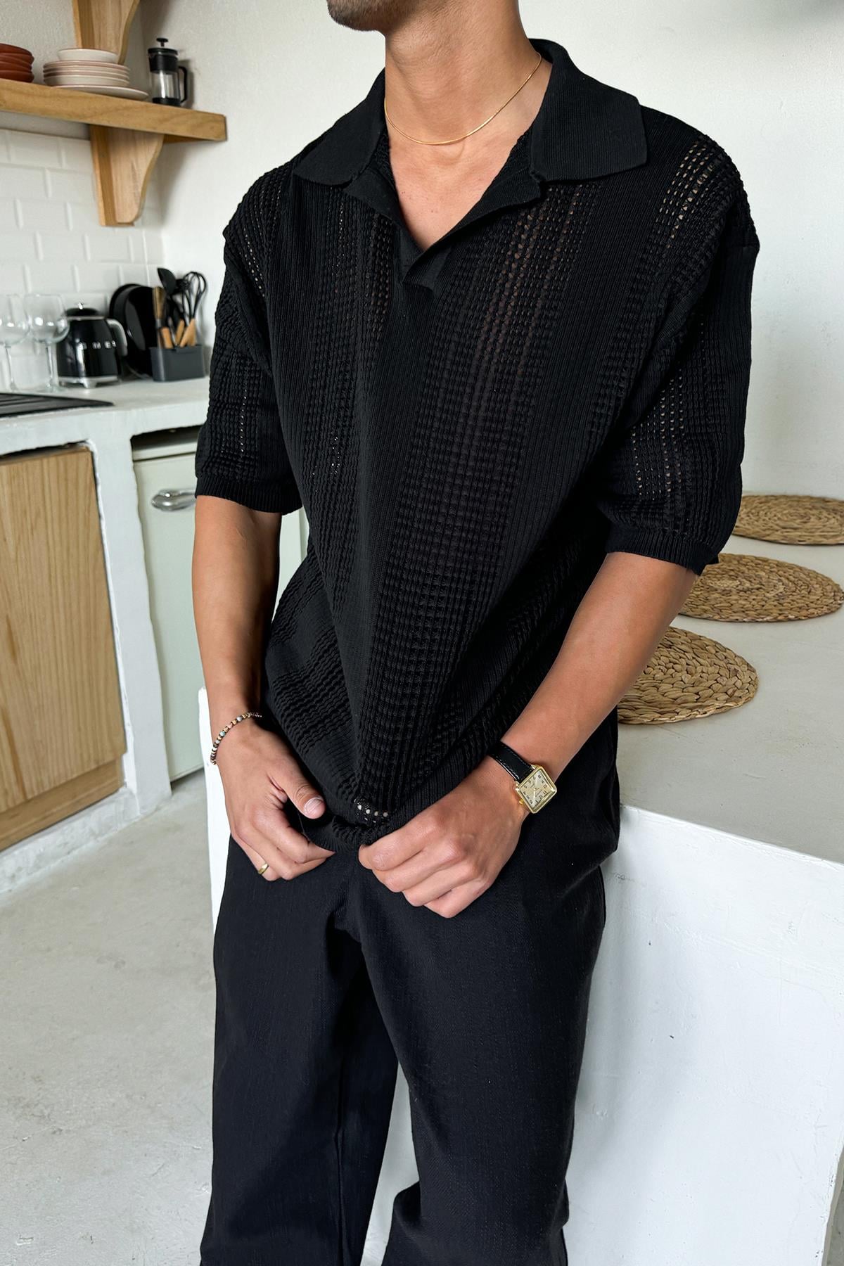 Polo Yaka Triko Tişört Siyah