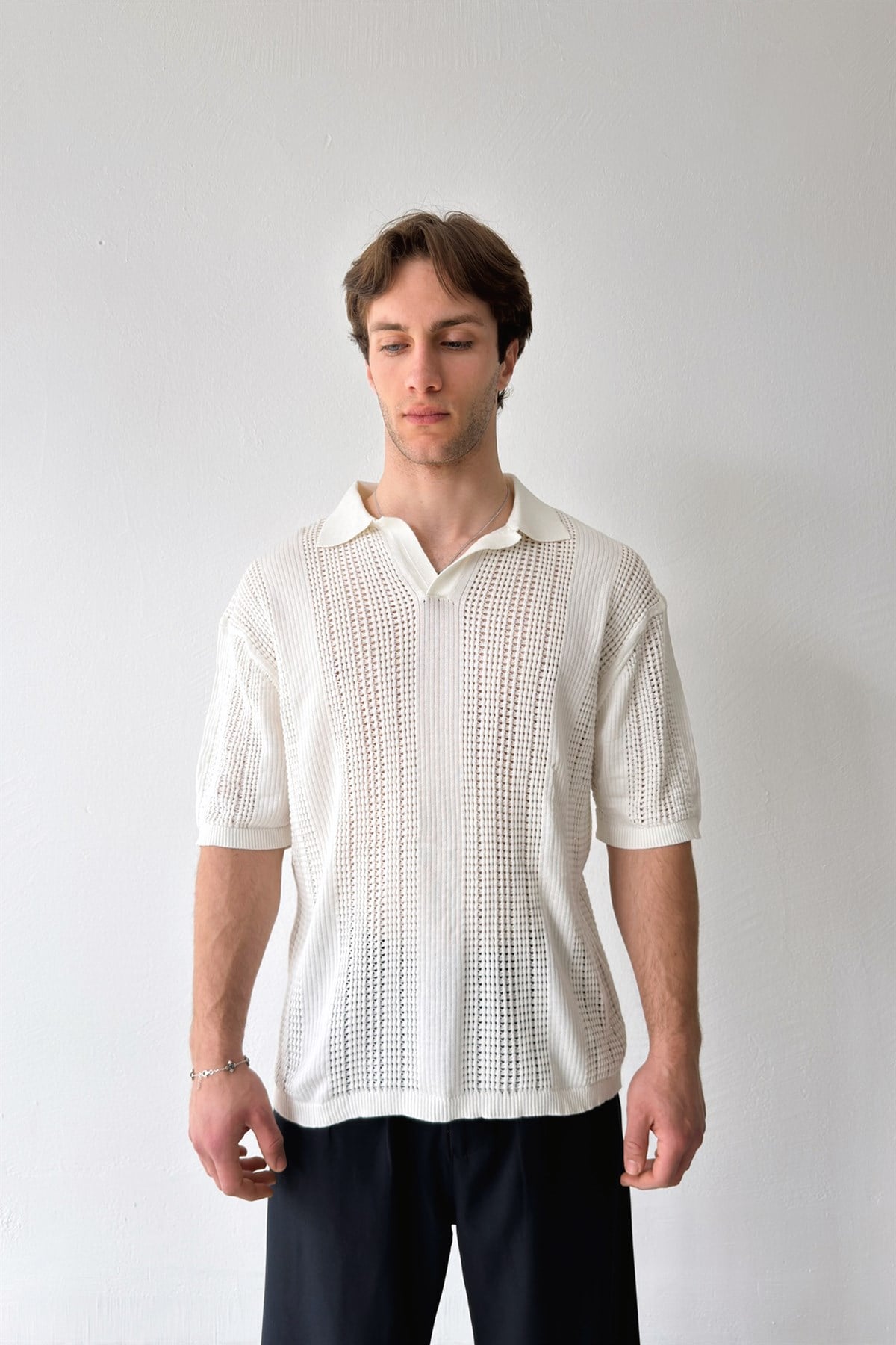 Polo Yaka Triko Tişört Ekru