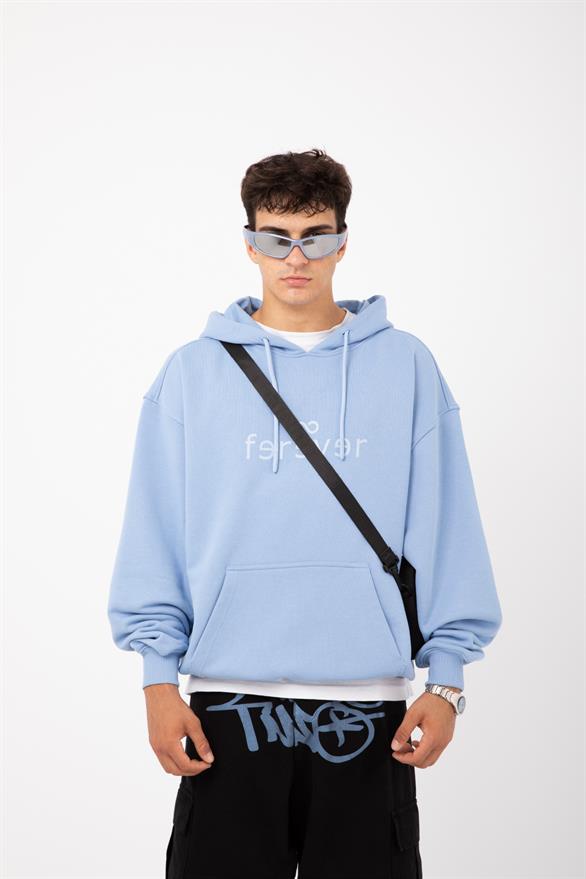 Premium Kumaş 500GSM Ferever Baskılı Bebek Mavisi Oversize Hoodie