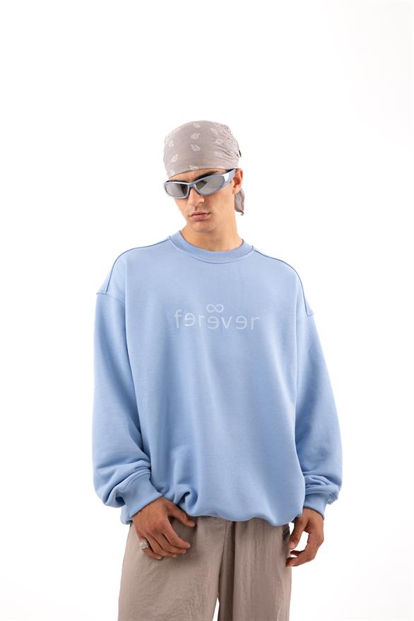Premium Kumaş 500GSM Ferever Baskılı Mavi Oversize Sweatshirt
