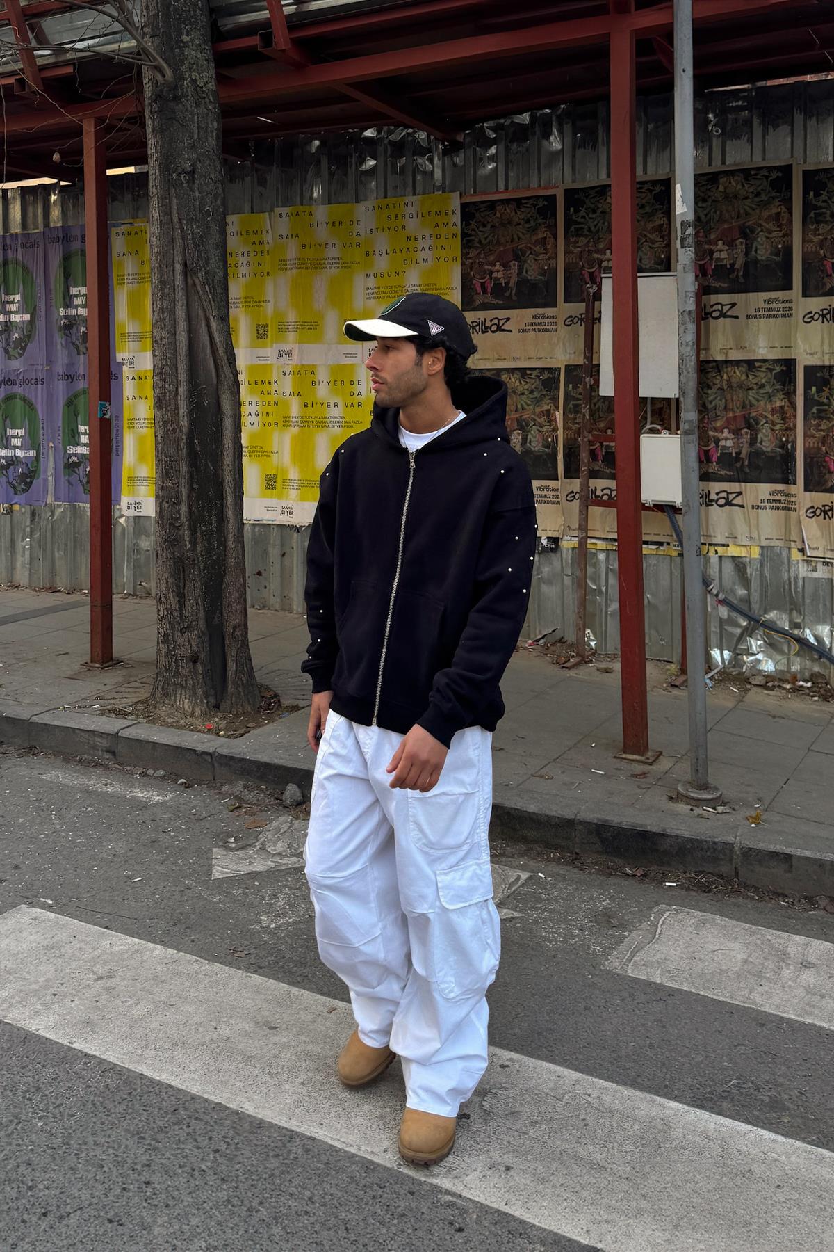 Premium Kumaş İnci Taşlı Fermuarlı Hoodie Siyah