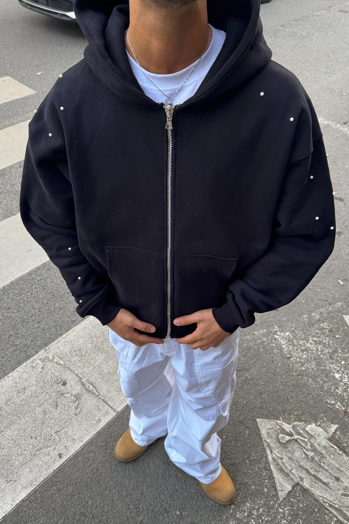 Premium Kumaş İnci Taşlı Fermuarlı Hoodie Siyah