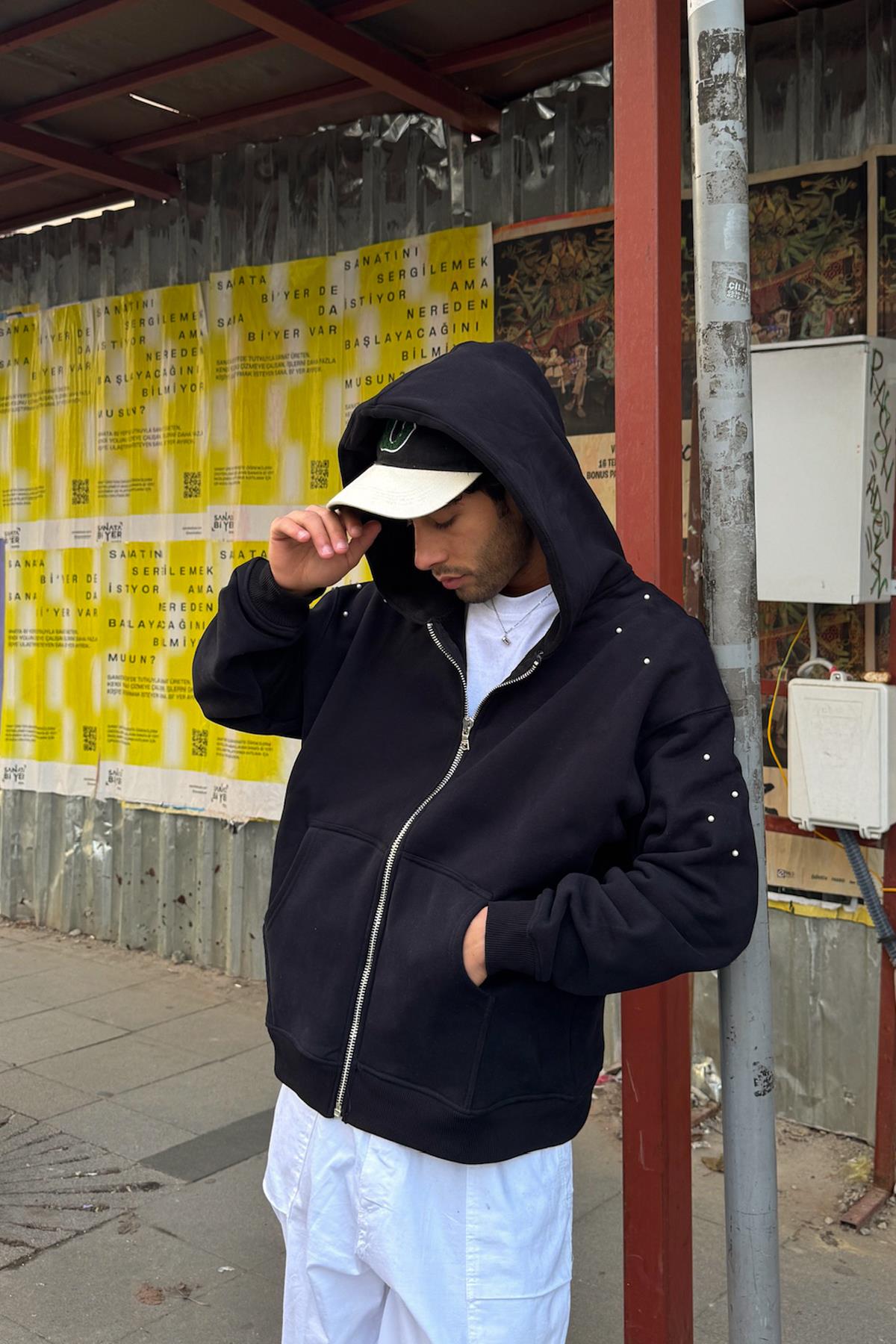 Premium Kumaş İnci Taşlı Fermuarlı Hoodie Siyah