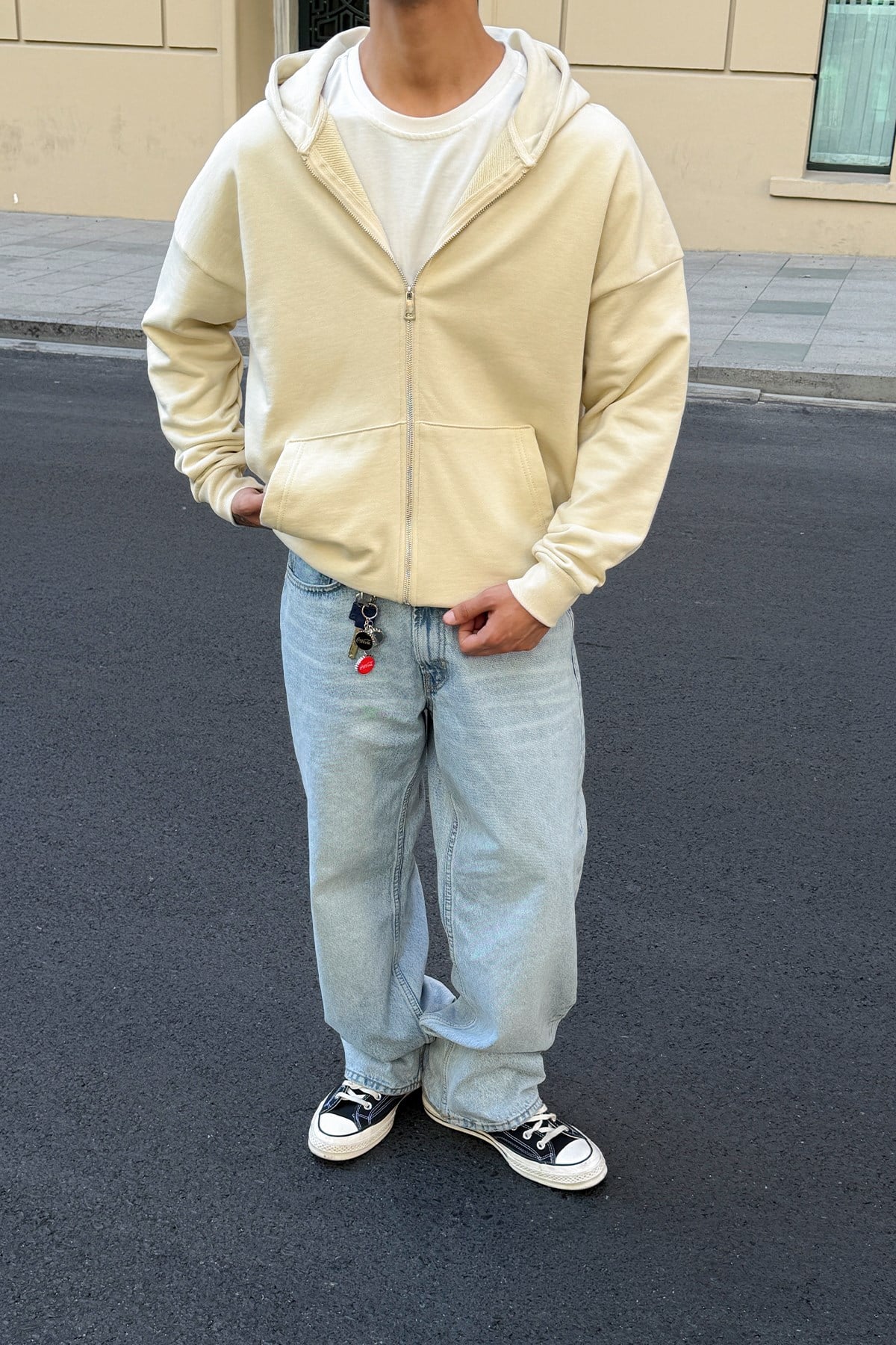 Cozy Diagonal Beıge Zip Up