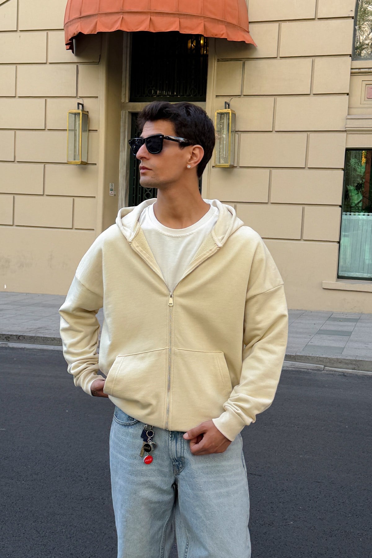 Cozy Diagonal Beıge Zip Up