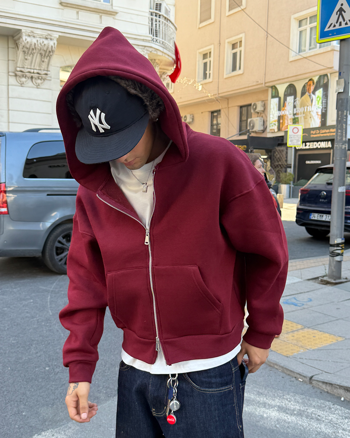 Puffer Wine Red Boxy Fit Zippered Hoodie