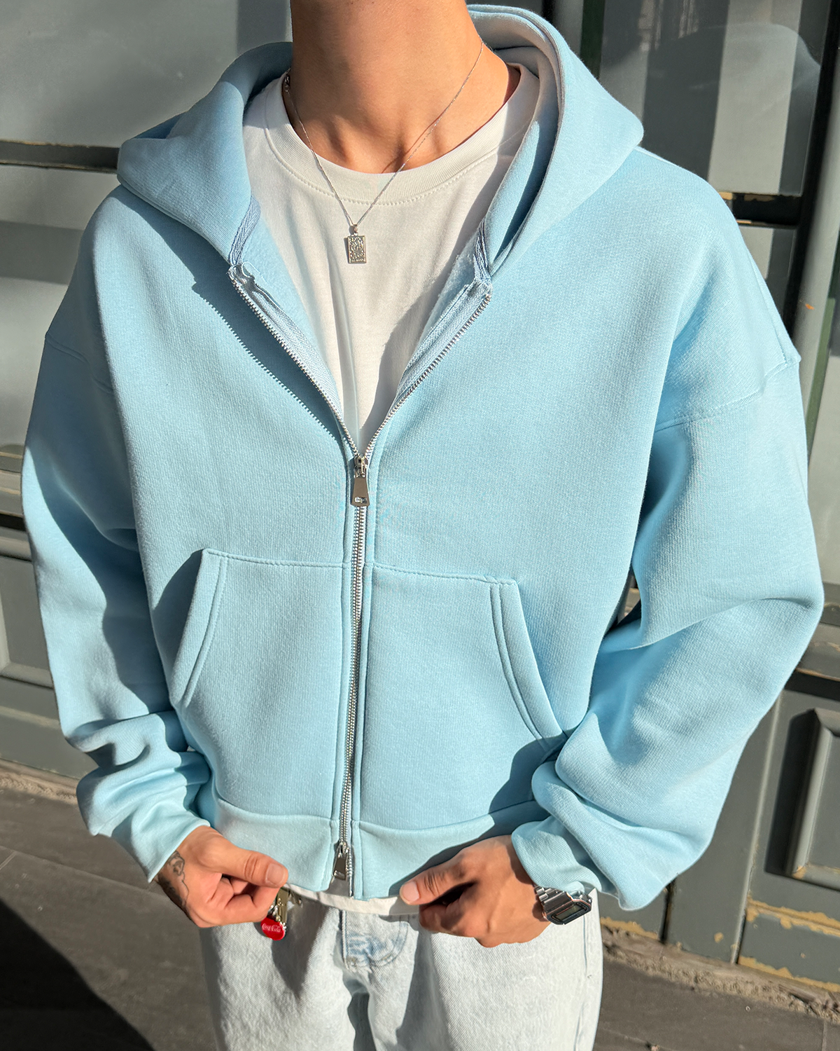 Puffer Baby Blue Boxy Fit Zippered Hoodie