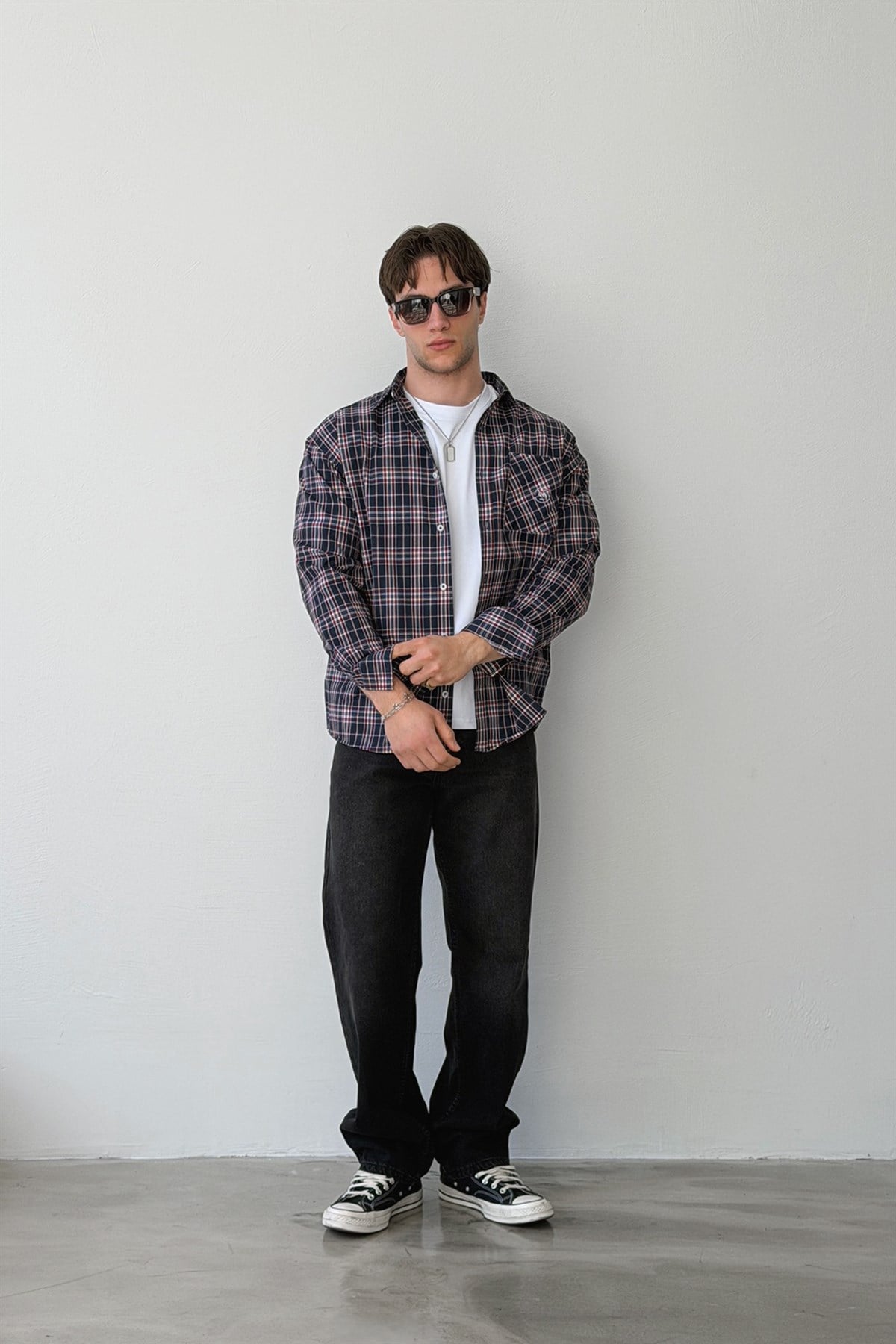 Quick Amblemli Ekose Lacivert Pamuklu Keten Oversize Gömlek