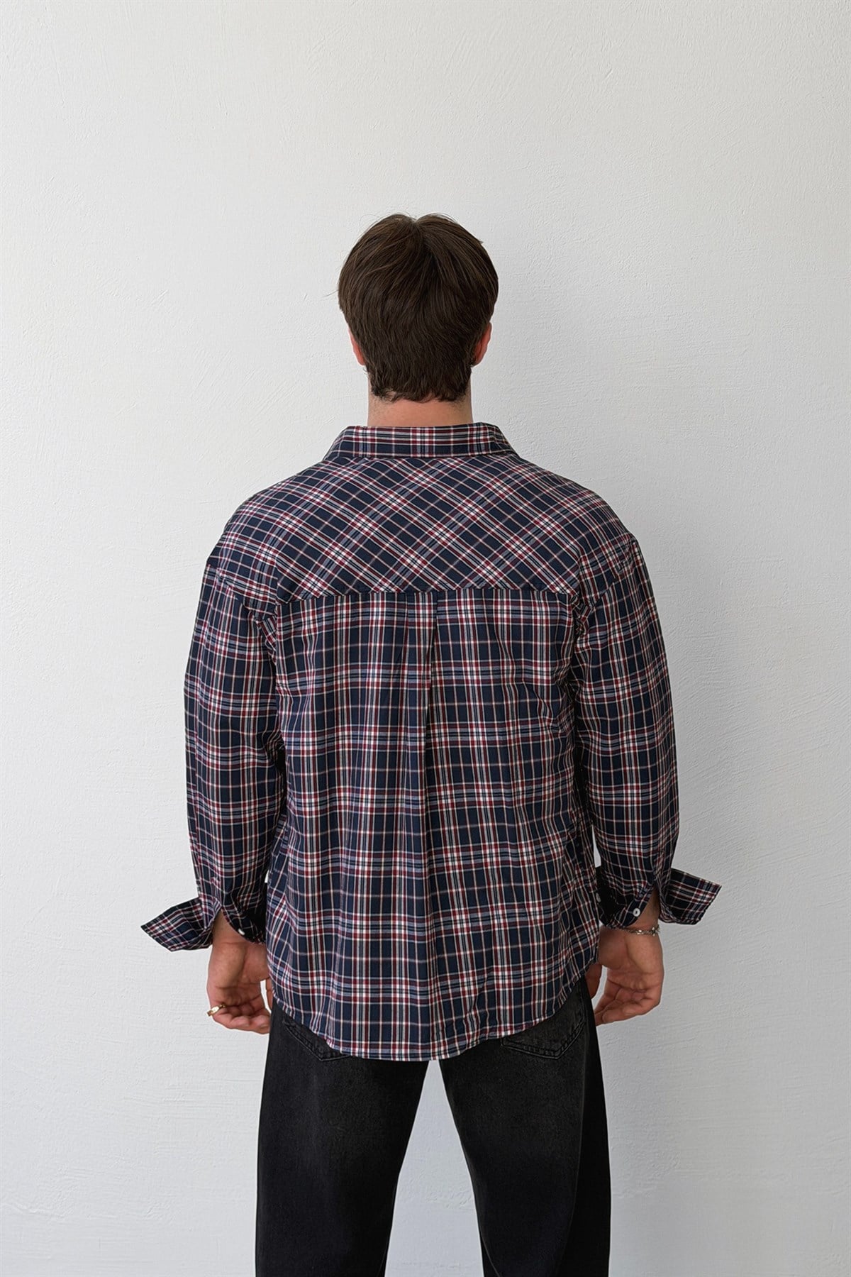 Quick Amblemli Ekose Lacivert Pamuklu Keten Oversize Gömlek