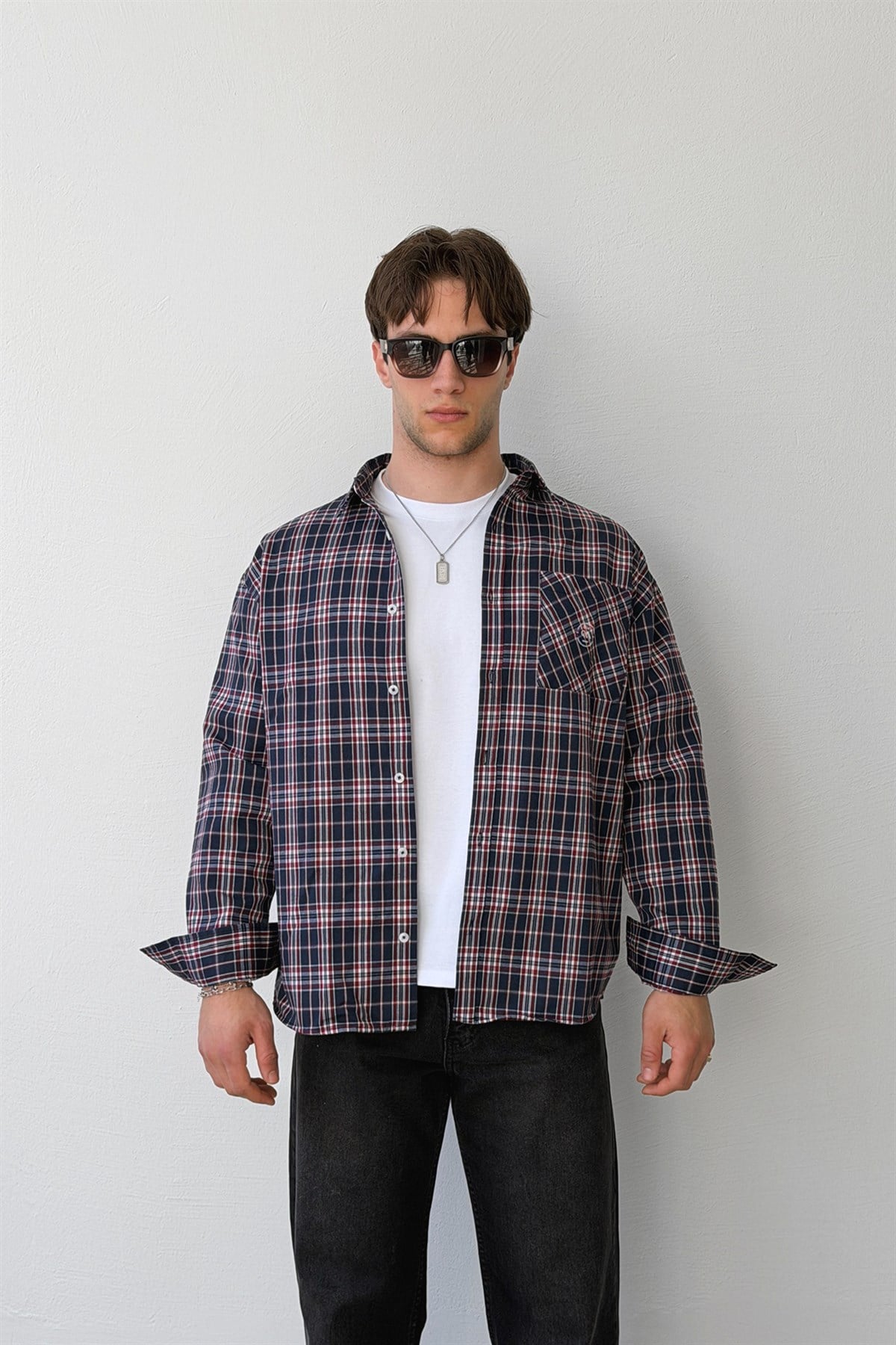 Quick Amblemli Ekose Lacivert Pamuklu Keten Oversize Gömlek