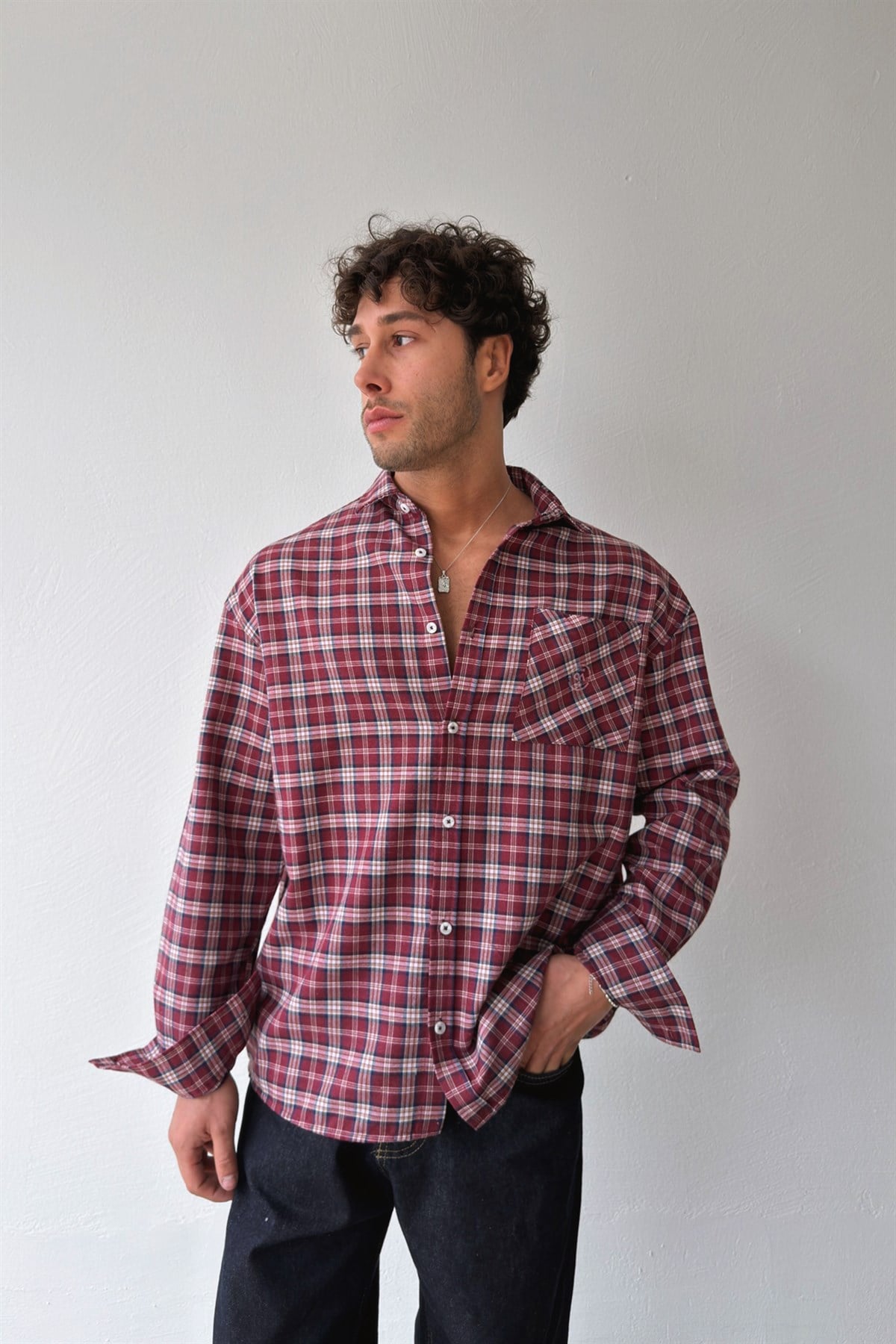 Quick Amblemli Ekose Kırmızı Pamuklu Keten Oversize Gömlek