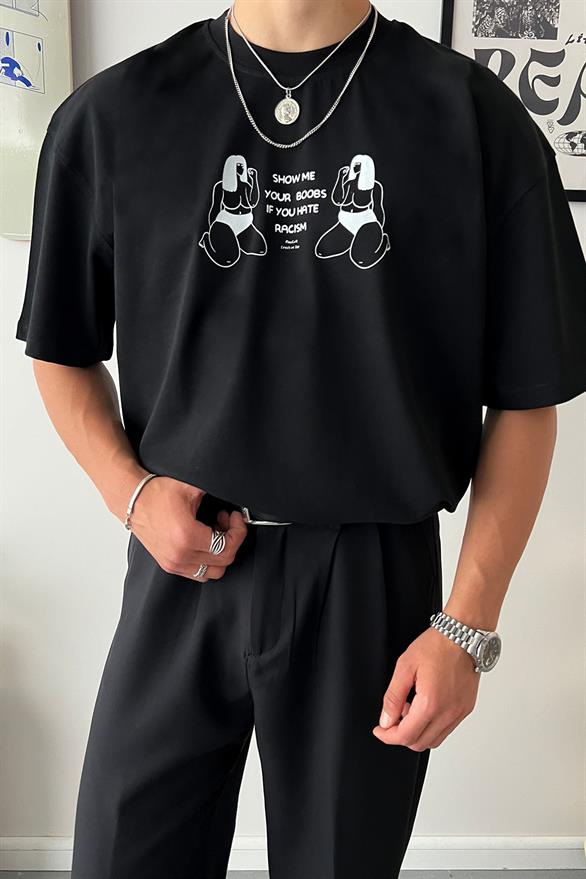 Racism Baskılı Oversize Tişört Siyah