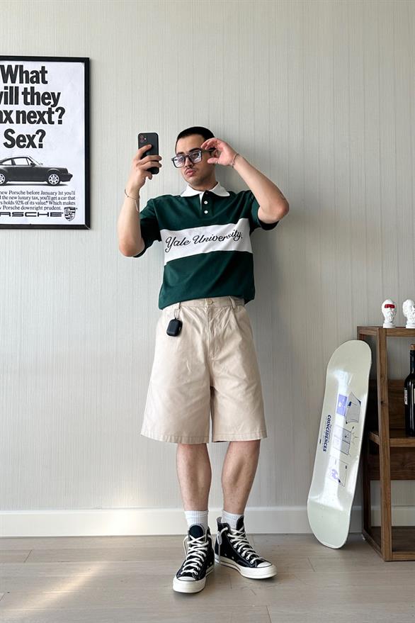 Renk Bloklu Nakışlı Polo Yaka Yeşil Oversize Tişört