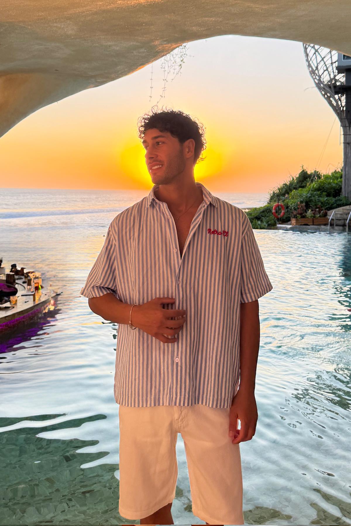 Retro Nakışlı Çizgili Kısa Kol Gömlek Mavi