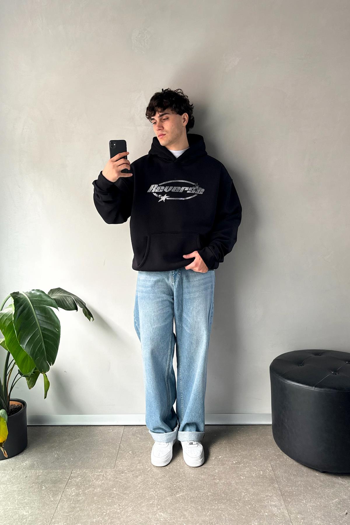 Reverse Taş İşlemeli Siyah Oversize Hoodie