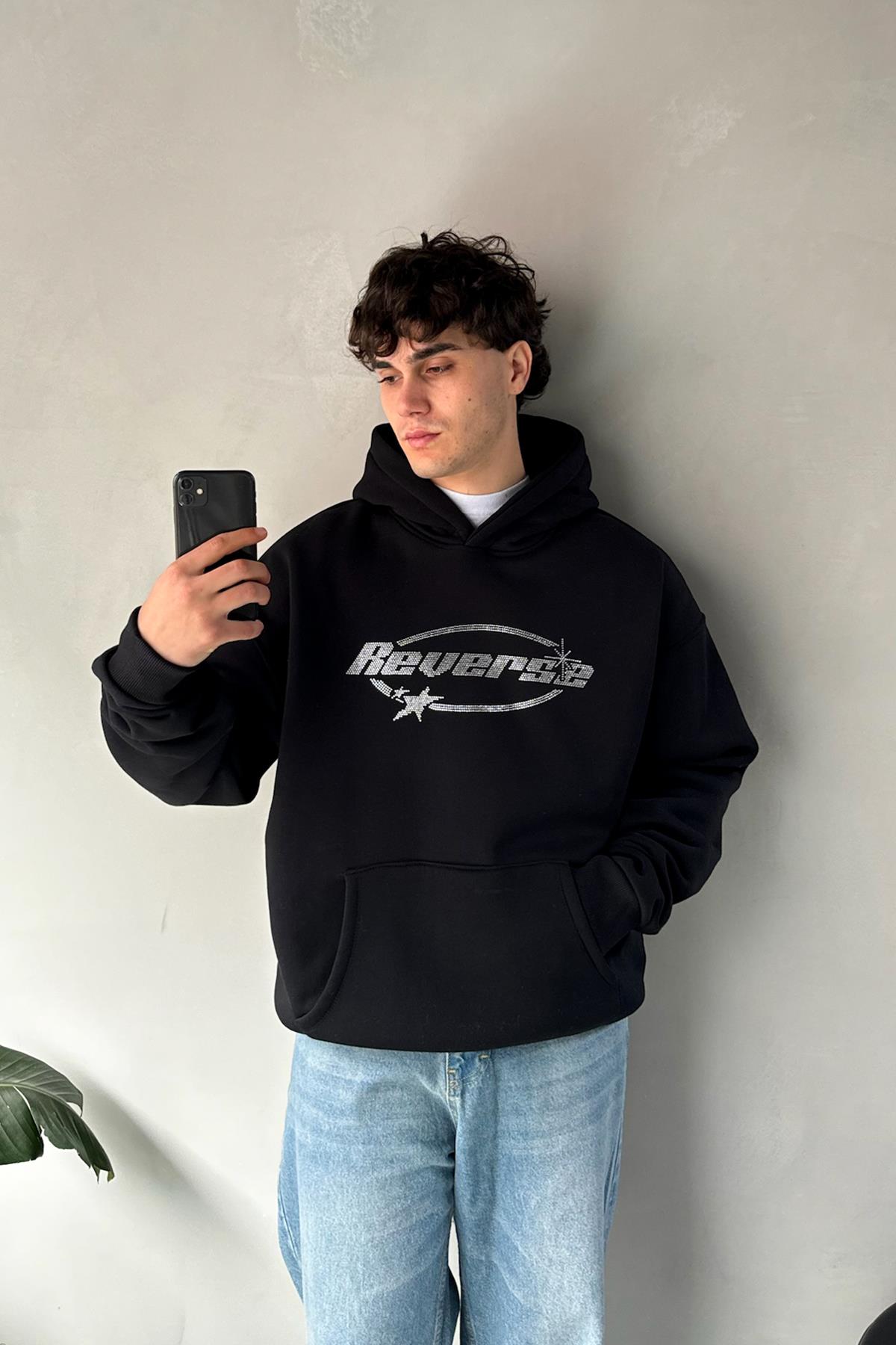 Reverse Taş İşlemeli Siyah Oversize Hoodie