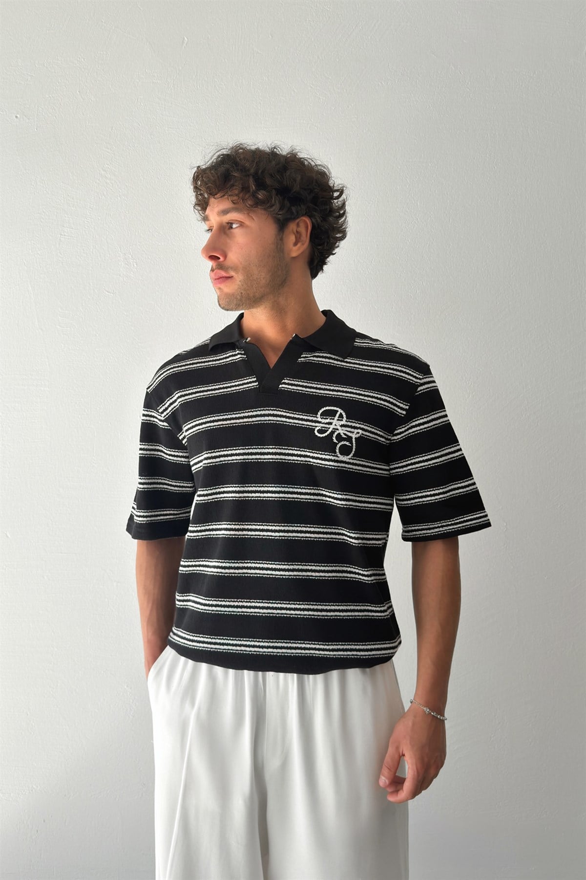 RS Nakışlı Çizgili Polo Yaka Tişört