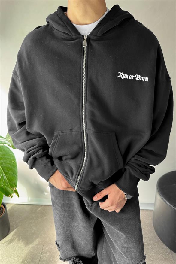 Run Or Burn Baskılı Siyah Oversize Hoodie