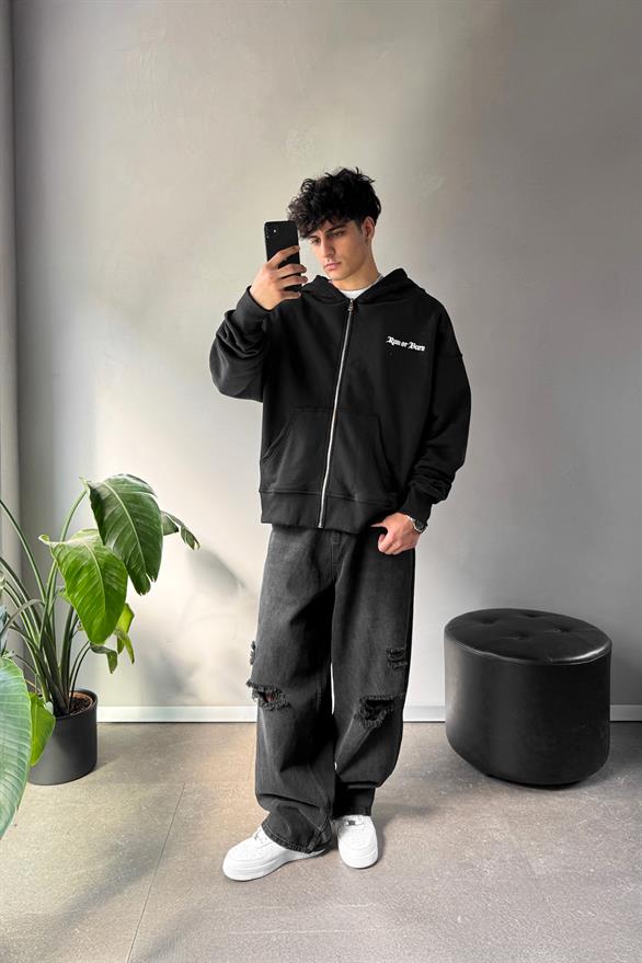 Run Or Burn Baskılı Siyah Oversize Hoodie