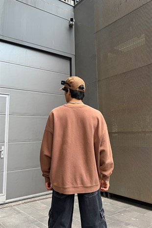 Premium Rv Nakışlı Kahverengi Oversize Sweatshirt