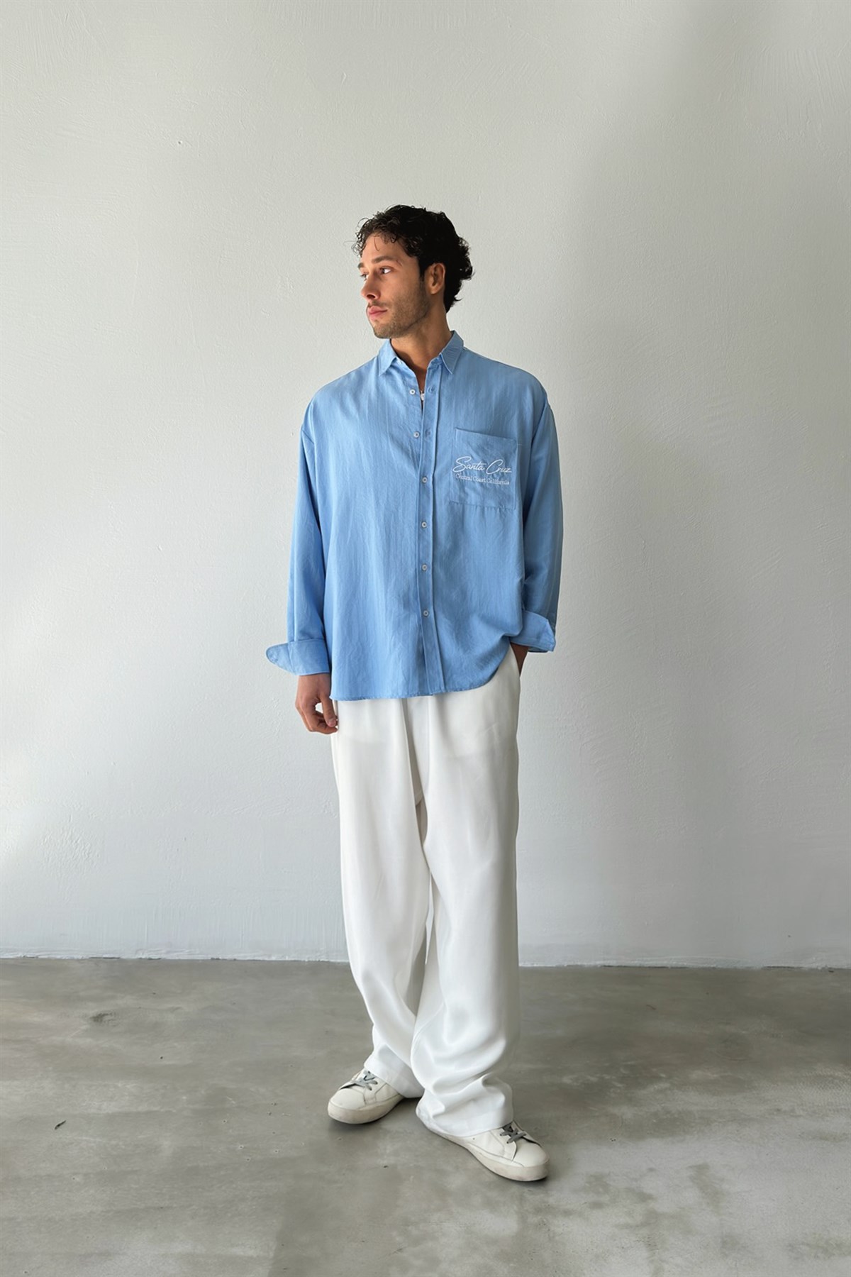 Santa Cruz Nakışlı Çizgili Mavi Poplin Gömlek