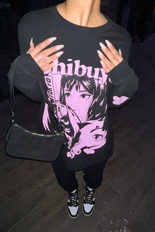Shibuya Tokyo Baskılı Siyah Sweatshirt