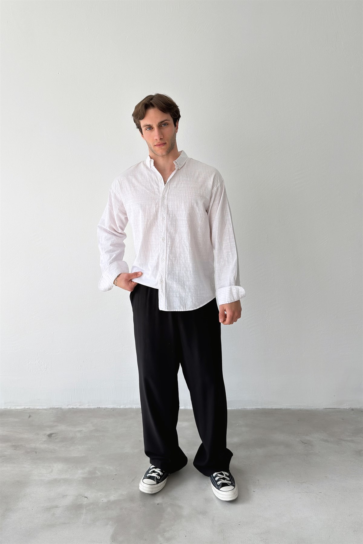 Silik Çizgili Oversize Keten Gömlek