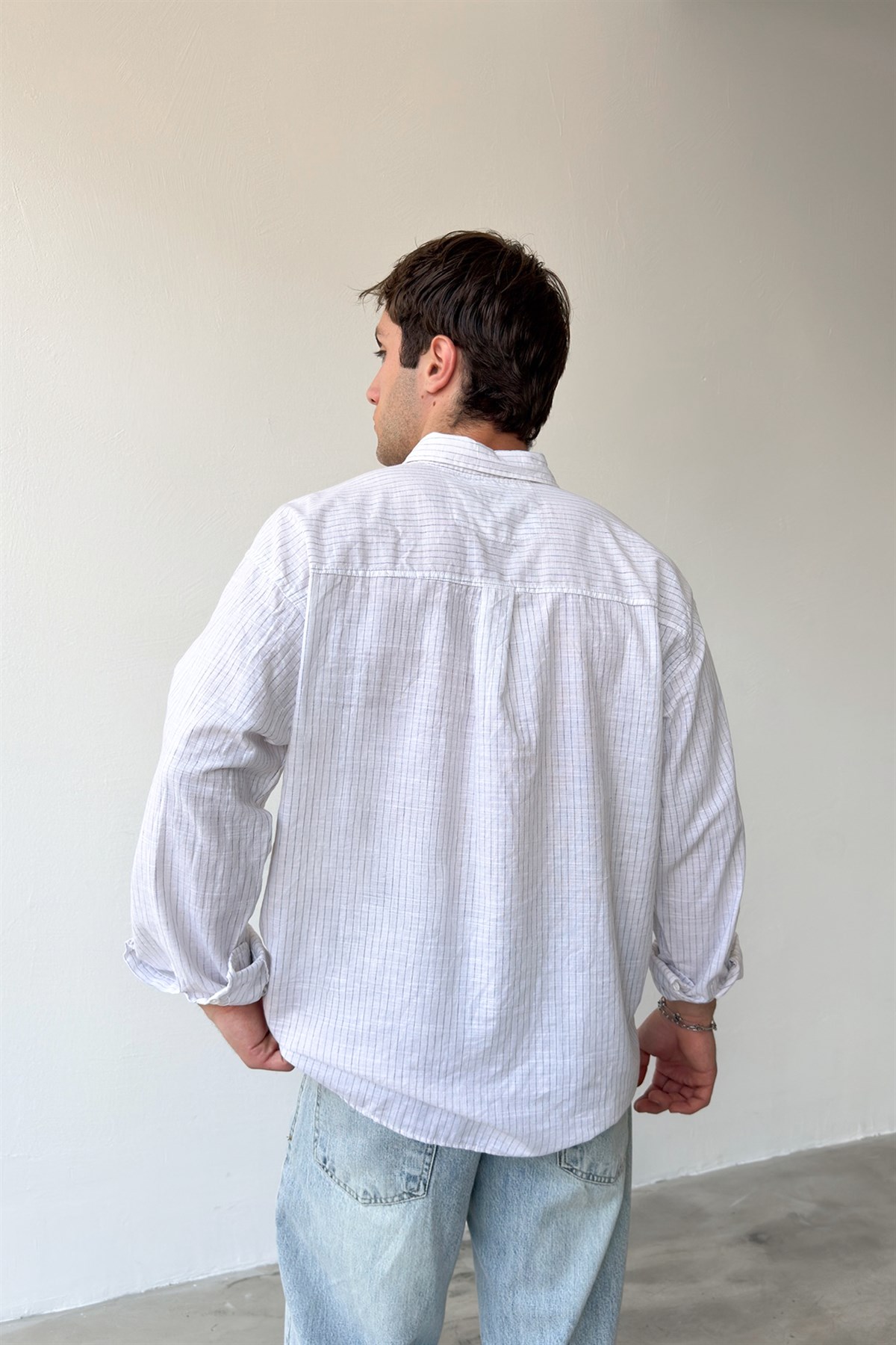 Silik Çizgili Oversize Keten Gömlek