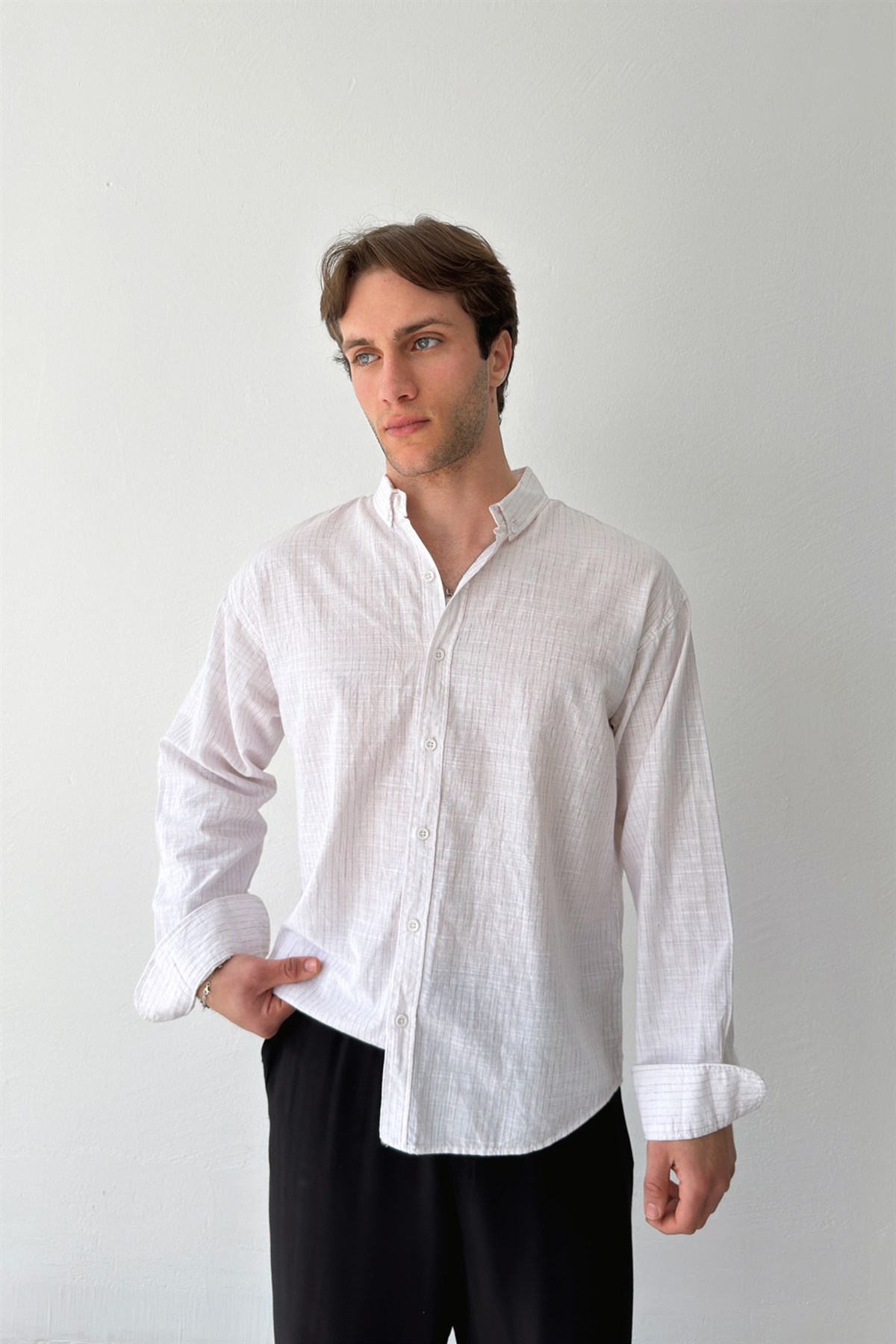 Silik Çizgili Oversize Keten Gömlek