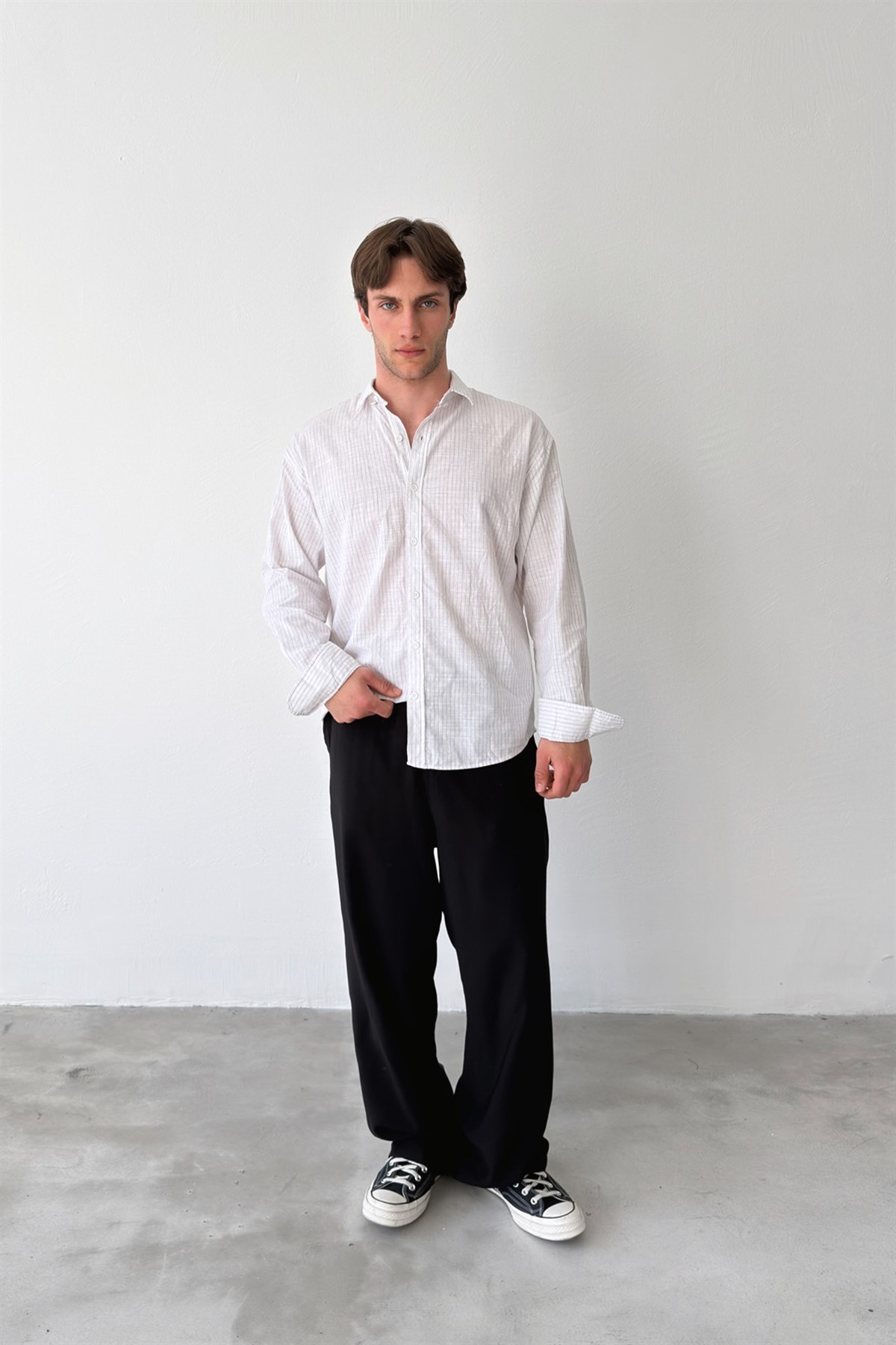 Silik Çizgili Oversize Keten Gömlek